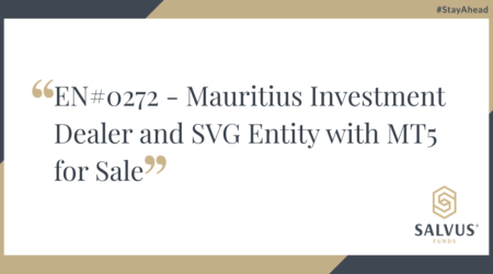 White rectangular banner with stylized gold quotation marks framing the headline ‘EN#0272 – Mauritius Investment Dealer and SVG Entity with MT5 for Sale’; navy-and-gold geometric corners, hashtag ‘#StayAhead’ in the top-right, and the SALVUS Funds logo in the bottom-right.
