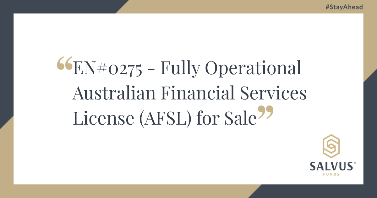Promotional graphic for EN#0275 – Fully Operational Australian Financial Services Licence (AFSL) for Sale, by Salvus Funds, with #StayAhead slogan."