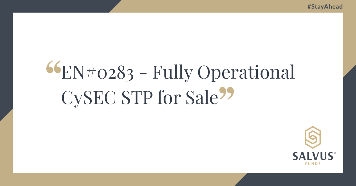 EN#0283 – Fully operational CySEC STP license for sale, promotional banner by Salvus Funds.