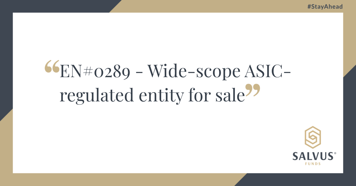 Promotional banner by SALVUS Funds displaying the text “EN#0289 – Wide-scope ASIC-regulated entity for sale” with the SALVUS Funds logo and hashtag #StayAhead.