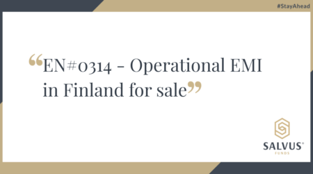 Promotional slide with the headline “EN#0314 – Operational EMI in Finland for sale” centered on a white background, framed by beige and dark gray geometric accents. The Salvus Funds logo appears in the bottom right corner, and the hashtag “#StayAhead” is shown in the top right.
