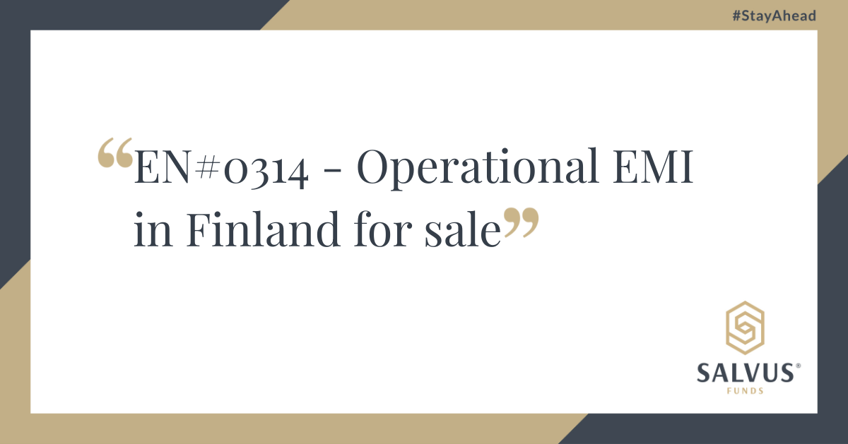 Promotional slide with the headline “EN#0314 – Operational EMI in Finland for sale” centered on a white background, framed by beige and dark gray geometric accents. The Salvus Funds logo appears in the bottom right corner, and the hashtag “#StayAhead” is shown in the top right.