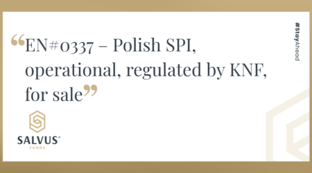 Banner featuring the text “EN#0337 – Polish SPI, operational, regulated by KNF, for sale” alongside the Salvus Funds logo, with a clean beige and white design and the hashtag #StayAhead displayed vertically.