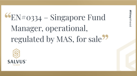 Banner image promoting “EN#0334 – Singapore Fund Manager, operational, regulated by MAS, for sale” with Salvus Funds branding and a #StayAhead tagline.