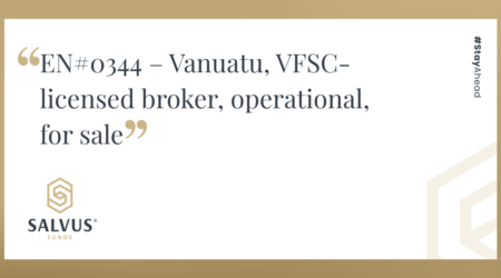 Promotional graphic by SALVUS Funds featuring the text “EN#0344 – Vanuatu, VFSC-licensed broker, operational, for sale” on a white background with beige border accents and the SALVUS Funds logo in the bottom left corner.
