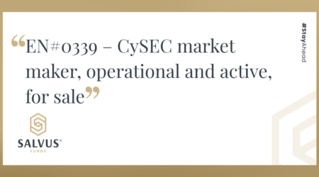 EN#0339 – CySEC market maker, operational and active, for sale” alongside the Salvus Funds logo and the hashtag #StayAhead.