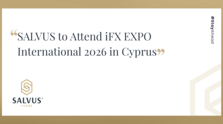 SALVUS Funds branded graphic announcing “SALVUS to Attend iFX EXPO International 2026 in Cyprus,” with the SALVUS Funds logo at the bottom left and the hashtag “#stayAhead” along the right side