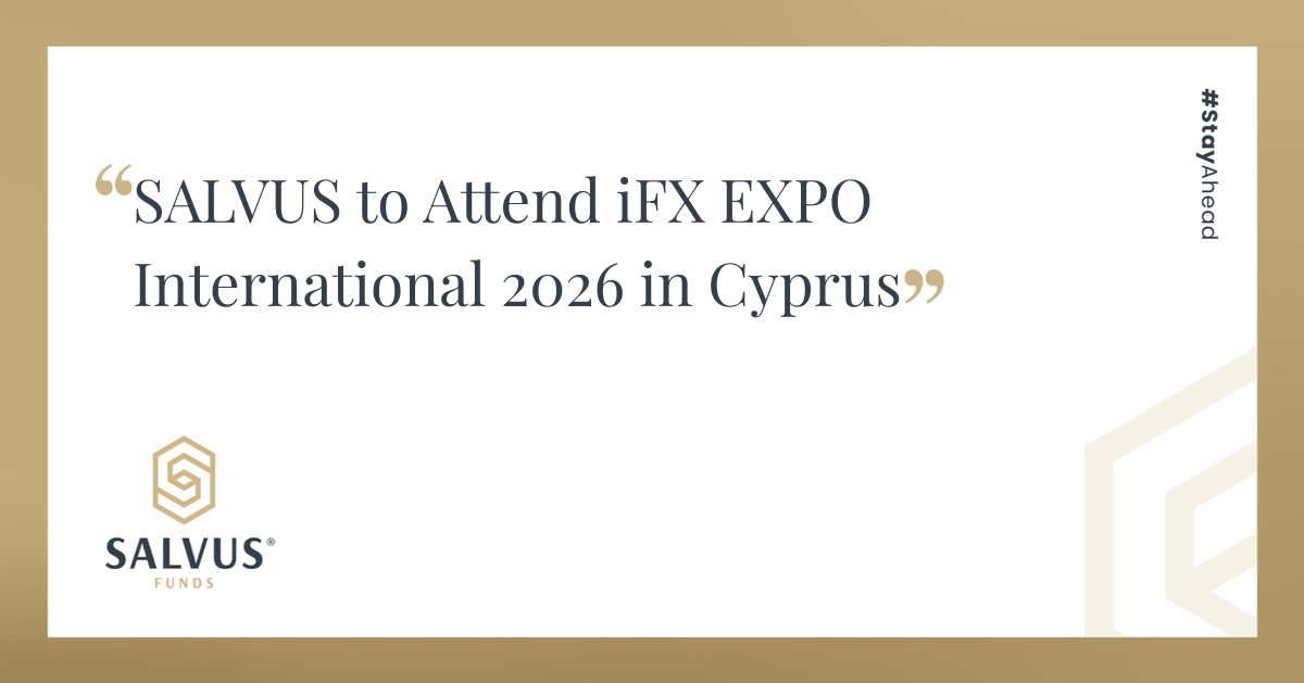 SALVUS Funds branded graphic announcing “SALVUS to Attend iFX EXPO International 2026 in Cyprus,” with the SALVUS Funds logo at the bottom left and the hashtag “#stayAhead” along the right side