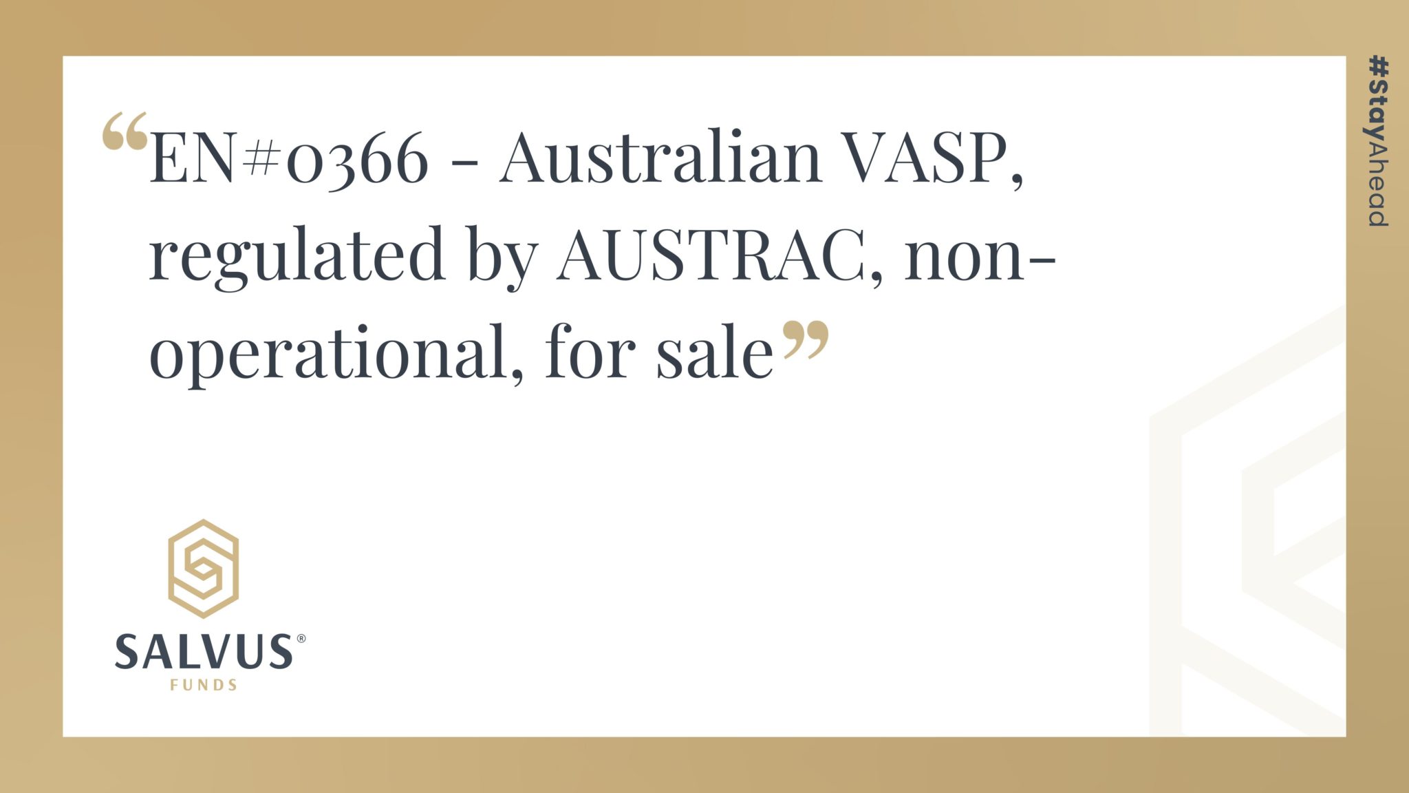 EN#0366 - Australian VASP, regulated by AUSTRAC, non-operational, for sale