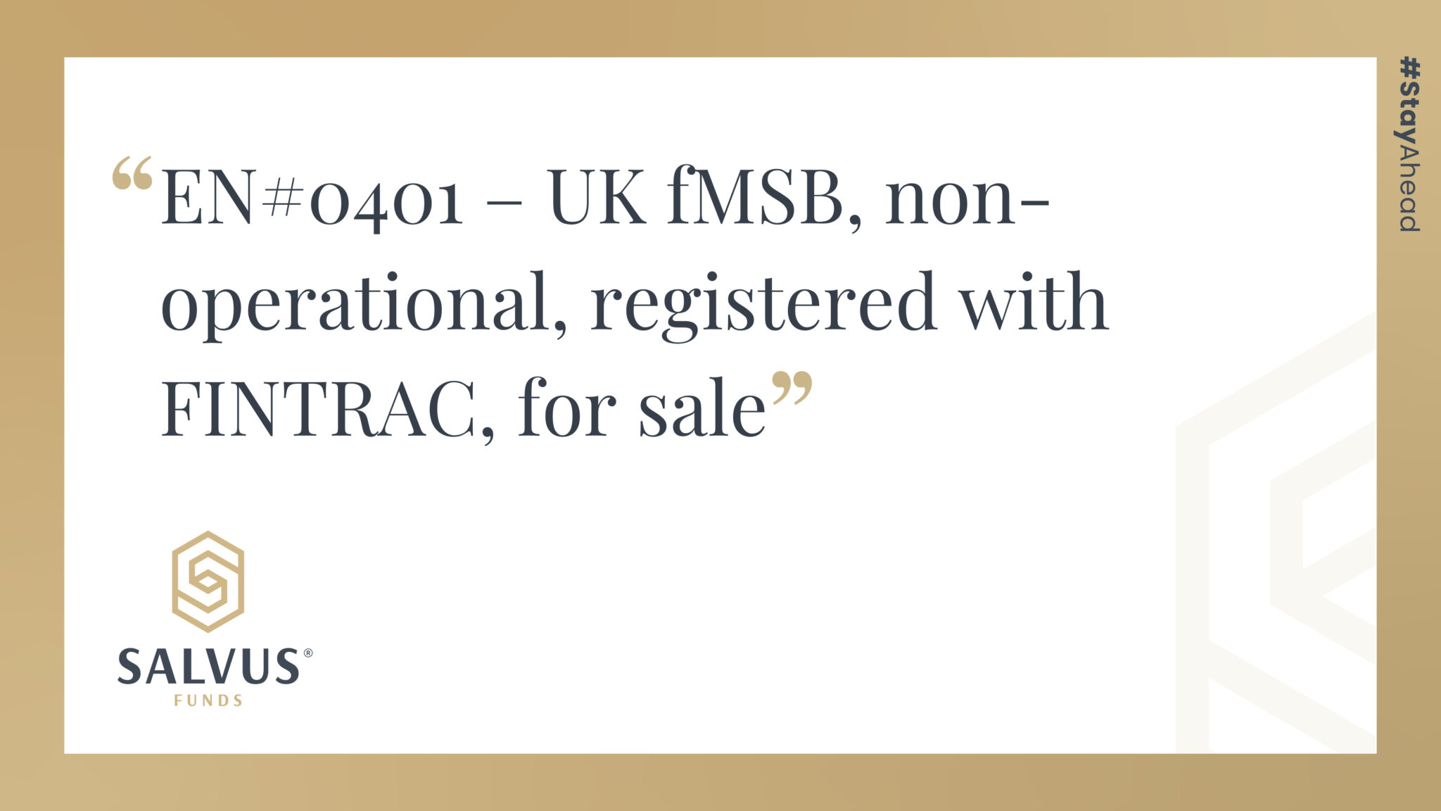 EN#0401 – UK fMSB, non-operational, registered with FINTRAC, for sale