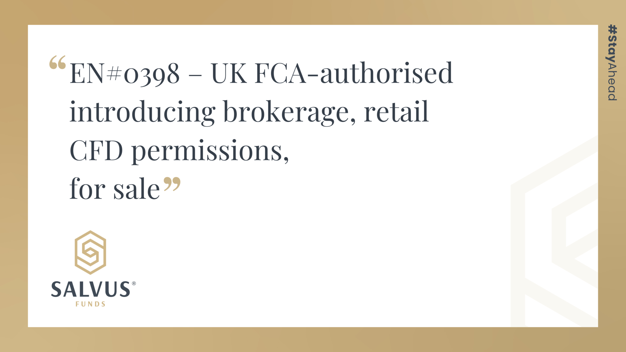 EN#0398 – UK FCA-authorized introducing brokerage, retail CFD permissions, for sale