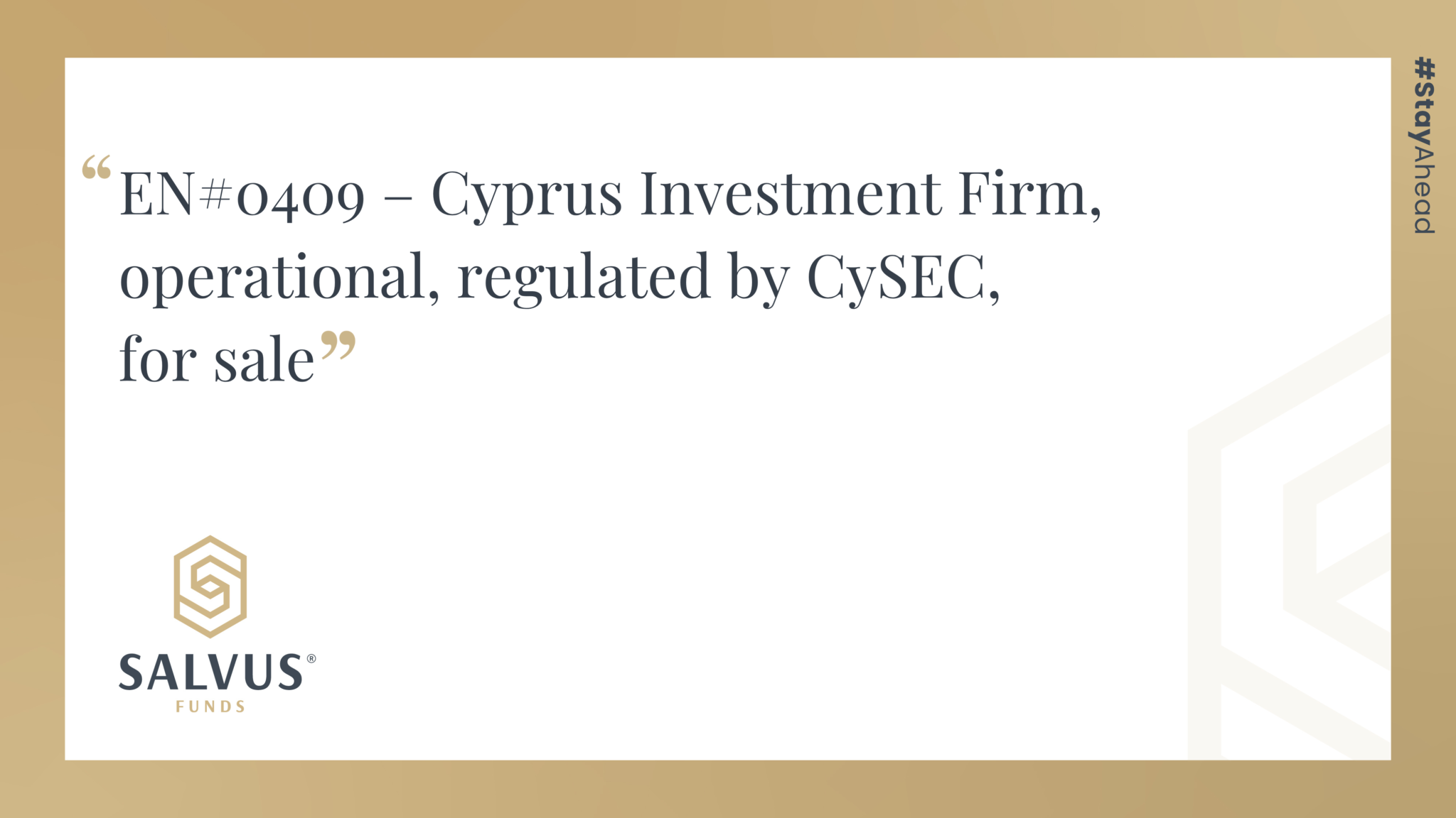 EN#0409 – Cyprus Investment Firm, operational, regulated by CySEC, for sale